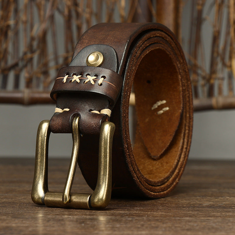 Washed Retro Old Trendyy Stylish Pull-Out First-Layer Cowhide Belt Men's Genuine Leather Pin Buckle Jeans Belt Men's Style