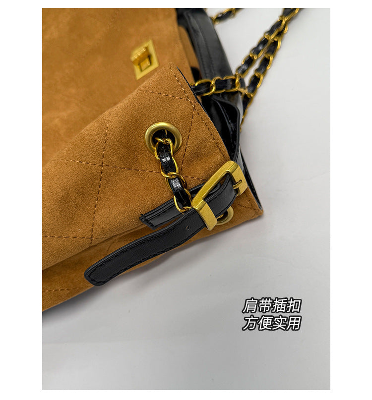 Niche Design Suede Tote Bag Korean Style Ins Lock Large Capacity Retro Fashion Versatile Satchel Crossbody Bag