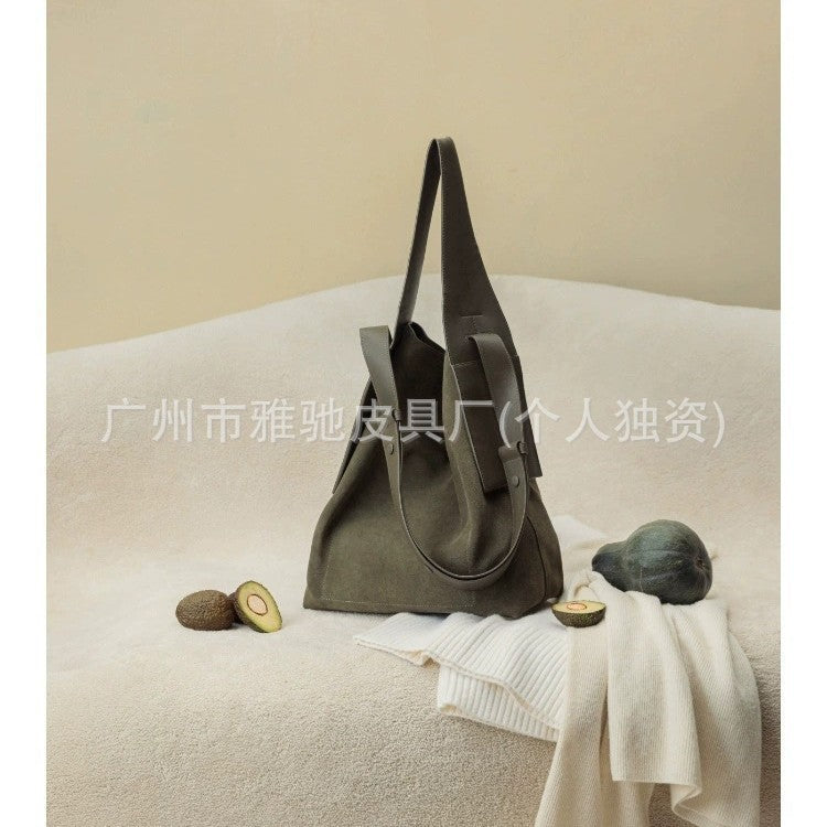 In-Stock Songshanxia Suede Ear-Hanging Tote Bag, Large Capacity Bucket Bag, Versatile for Commuting, Single Shoulder Crossbody Bag for Women