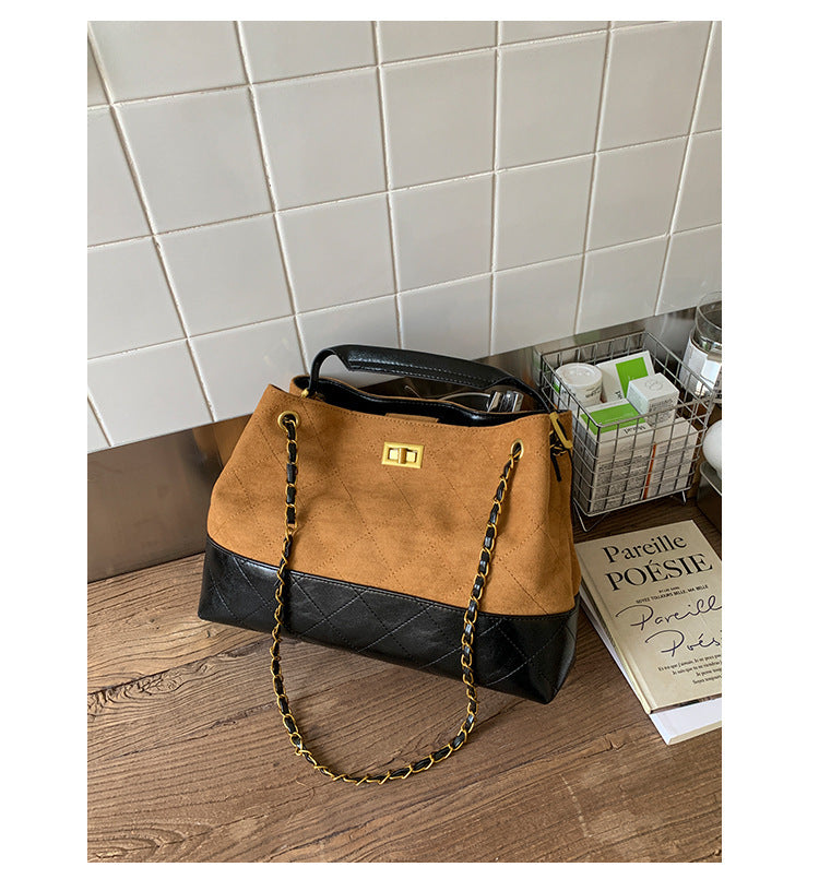 Niche Design Suede Tote Bag Korean Style Ins Lock Large Capacity Retro Fashion Versatile Satchel Crossbody Bag