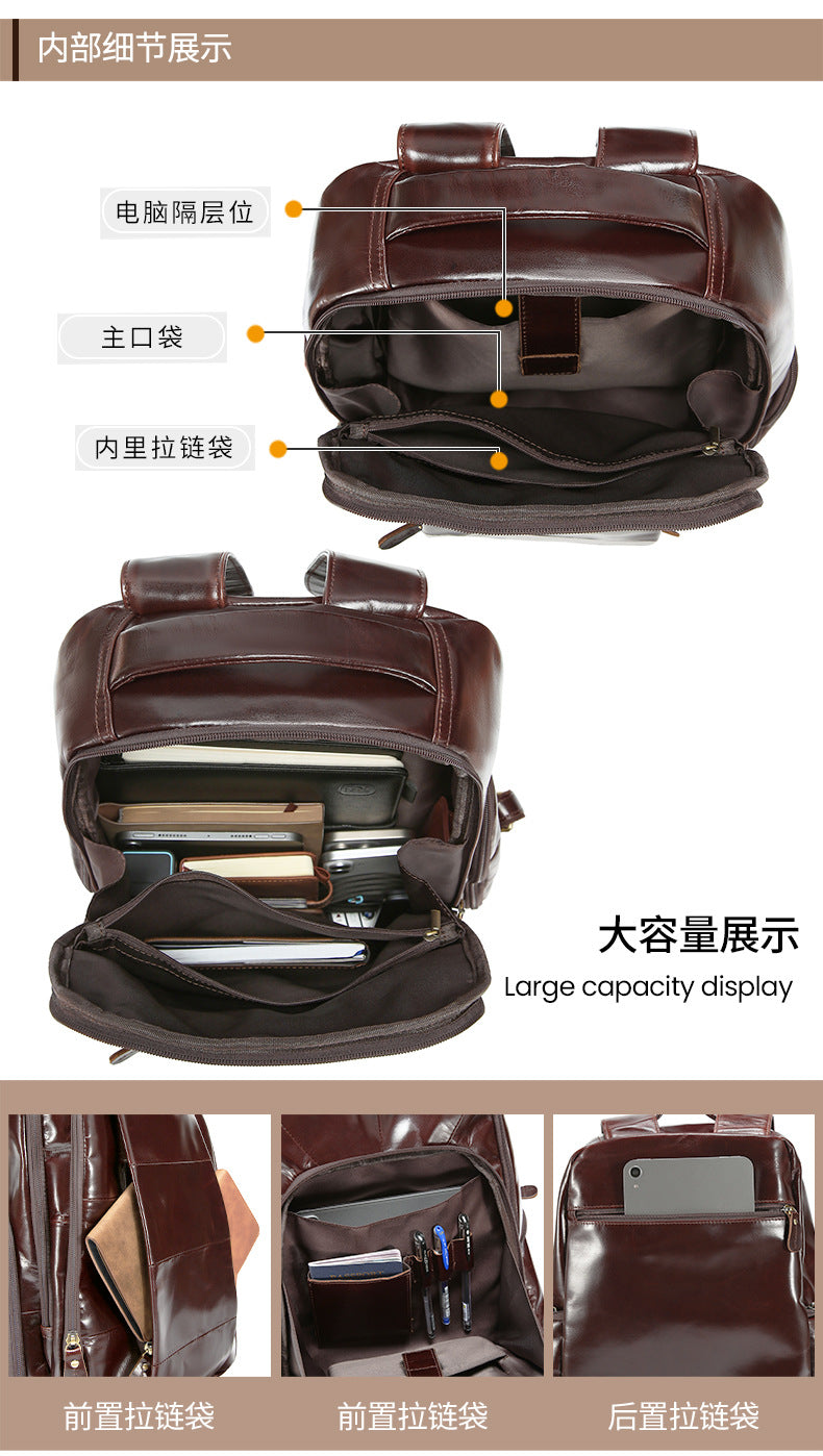 2025 New Oil Wax Leather Backpack European Style Business Backpack Commuting Casual Men's Bag Cross-Border Hot Selling Men's Bag