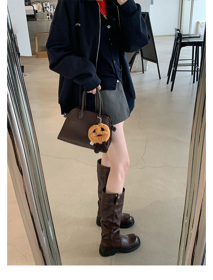Grape Mom's Same Style in Stock~ Increase Height by 5cm~ Three-Dimensional Round Toe Thick-Soled Chunky Heel Snap-Button Riding Boots for Women