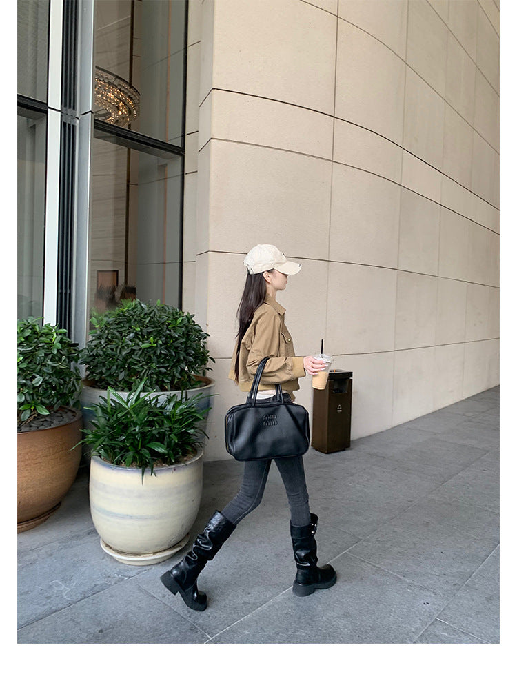 Grape Mom's Same Style in Stock~ Increase Height by 5cm~ Three-Dimensional Round Toe Thick-Soled Chunky Heel Snap-Button Riding Boots for Women