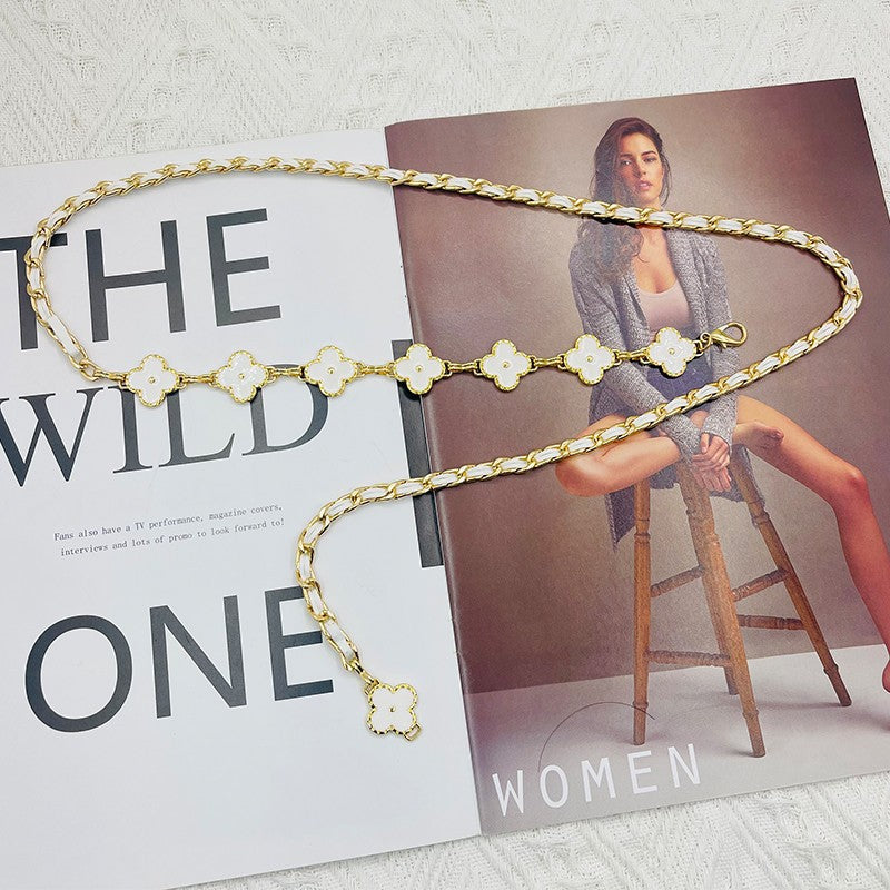 Fragrant Style Waist Chain Accessories Women's Summer Metal Four-leaf Clover Two-sided Available Splicing Chain All-match Thin Chain Belt Pants Chain