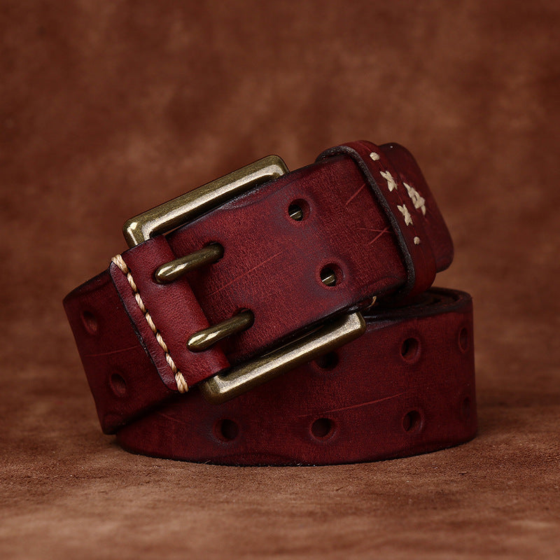 Retro Korean Style Trendyy Stylish Ins Double Pin Buckle Belt Men's Genuine Leather New Young People's Jeans Belt