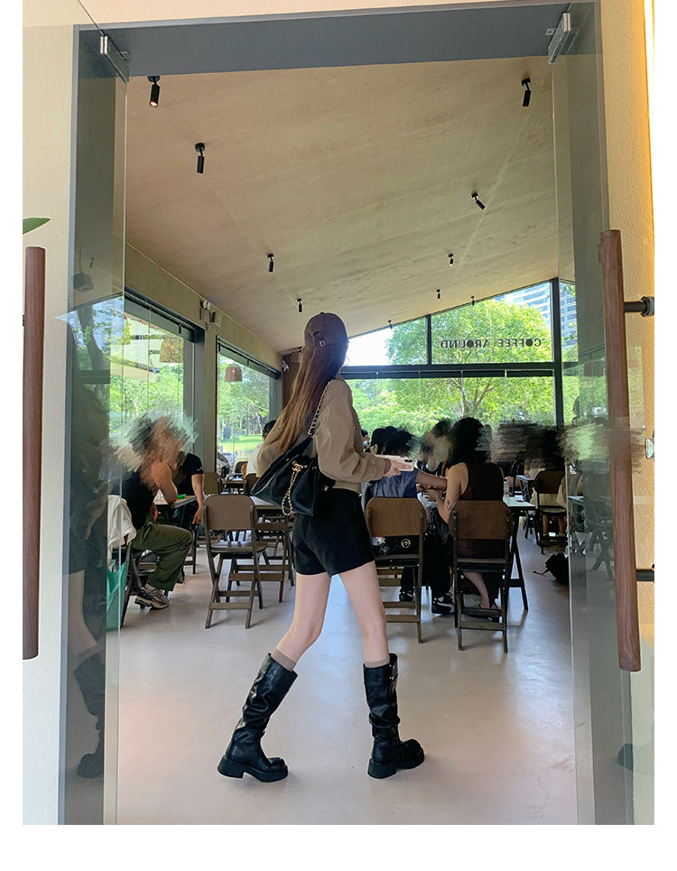 Grape Mom's Same Style in Stock~ Increase Height by 5cm~ Three-Dimensional Round Toe Thick-Soled Chunky Heel Snap-Button Riding Boots for Women
