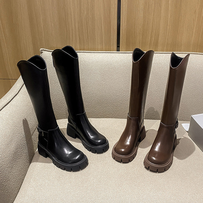 Women's Long Boots 2026 Autumn and Winter New Style Versatile Thick-Soled Chunky Heel Over-The-Knee Belt Buckle Height-Increasing Long Boots