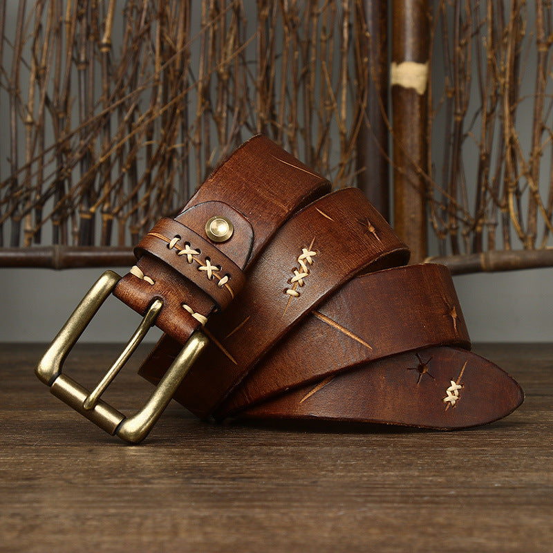 Washed Retro Old Trendyy Stylish Pull-Out First-Layer Cowhide Belt Men's Genuine Leather Pin Buckle Jeans Belt Men's Style