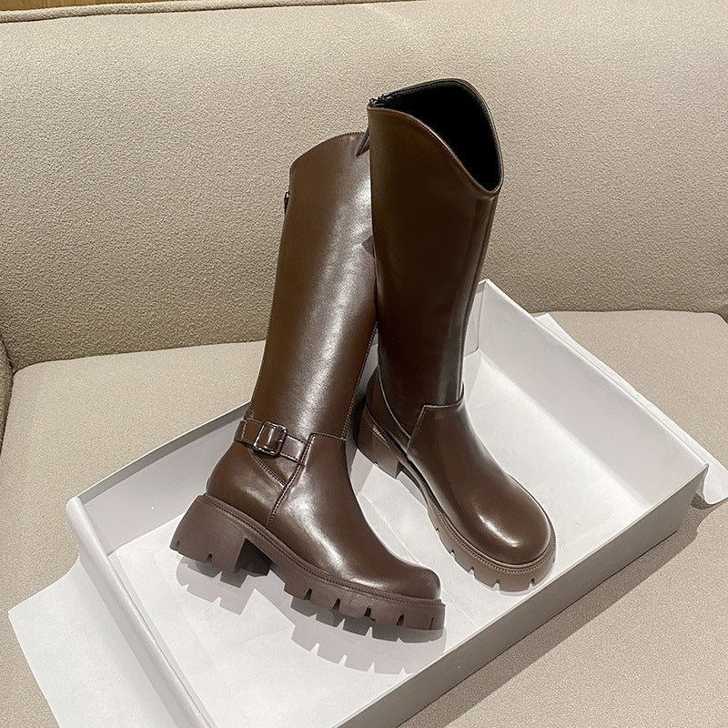 Women's Long Boots 2026 Autumn and Winter New Style Versatile Thick-Soled Chunky Heel Over-The-Knee Belt Buckle Height-Increasing Long Boots