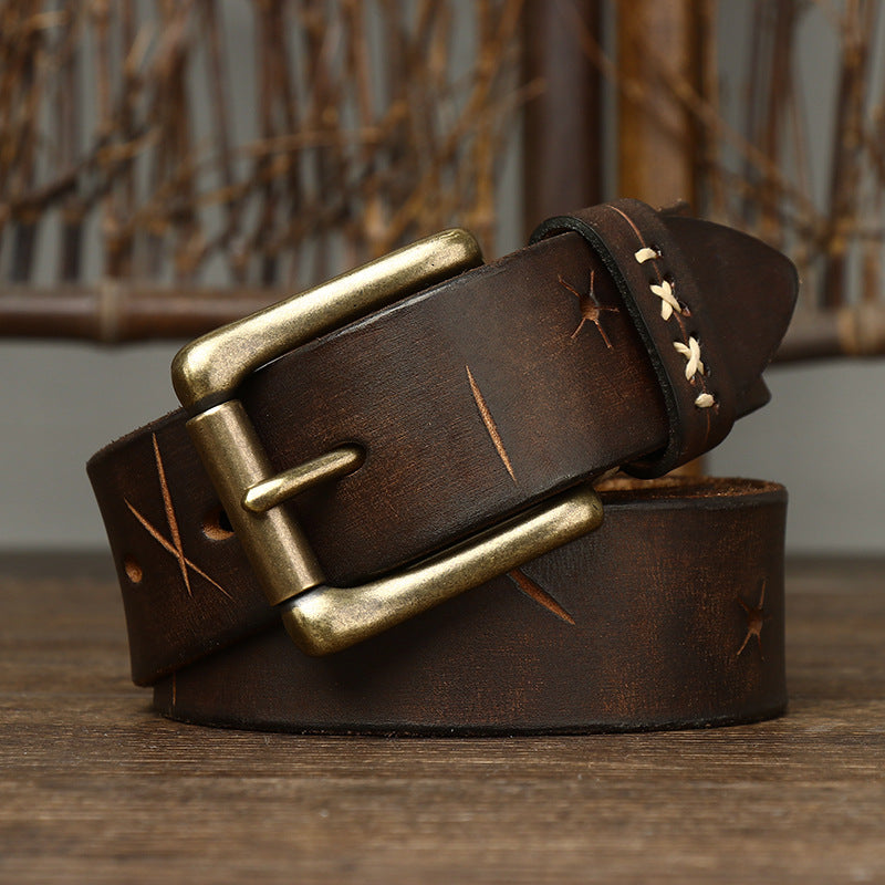 Washed Retro Old Trendyy Stylish Pull-Out First-Layer Cowhide Belt Men's Genuine Leather Pin Buckle Jeans Belt Men's Style