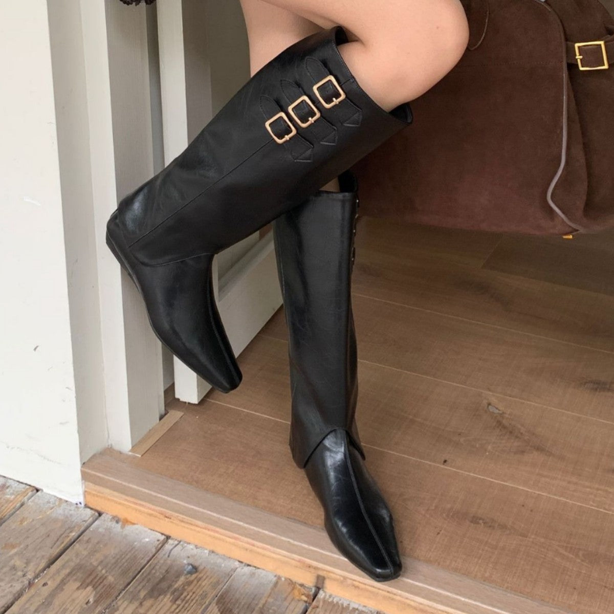 Women's Winter Boots 2025 New Square Toe Chunky Wedge Two-Way Retro Riding Boots Soft Sole Brown Leg Sleeve Boots for Women