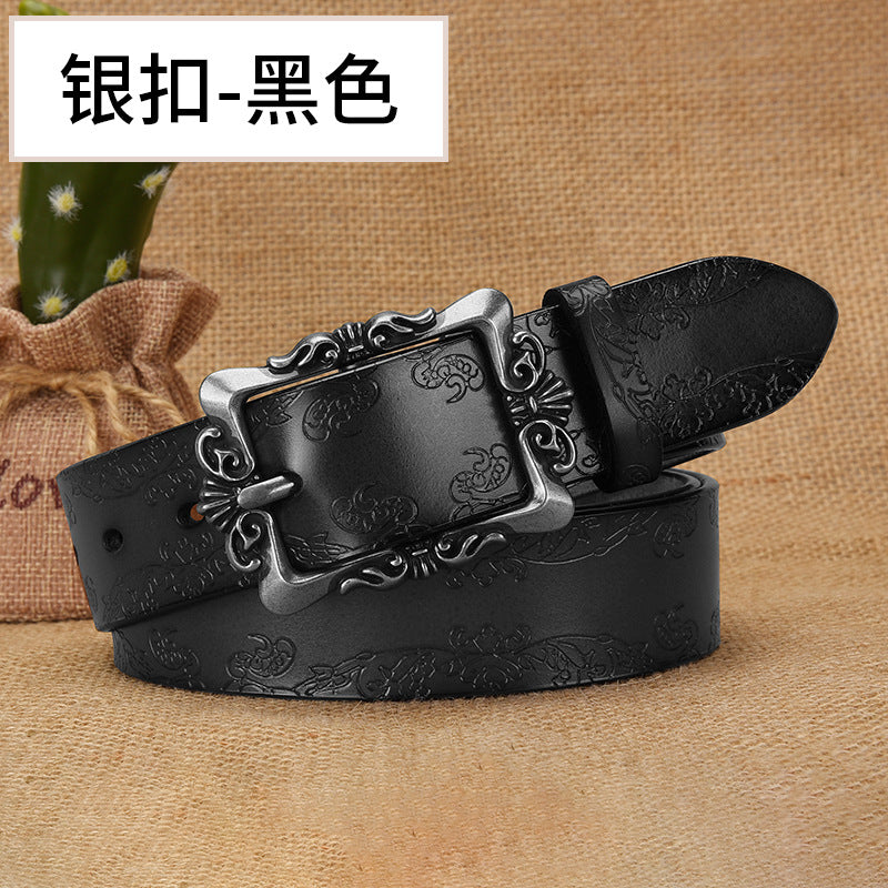 Cross-border European and American Women's Retro Belt Embossed Pattern Pin Buckle Belt Women's Ins Style All-match Simple Casual Pants Belt
