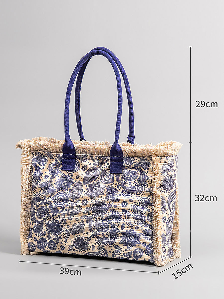 European and American Cross-Border Tote Bag Bohemian Retro Shoulder Bag Zipper Handbag Large Capacity Canvas Bag Women Summer