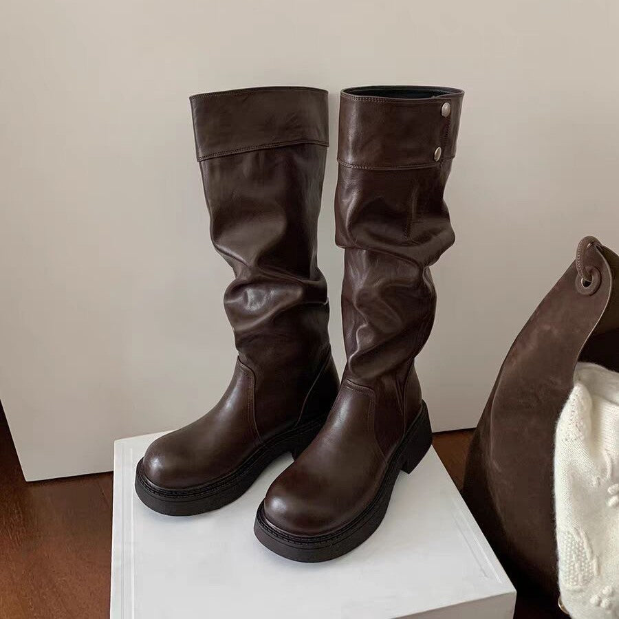 Grape Mom's Same Style Height-Increasing 5cm~ Thick-Soled Chunky Heel Snap-Button Riding Boots for Women