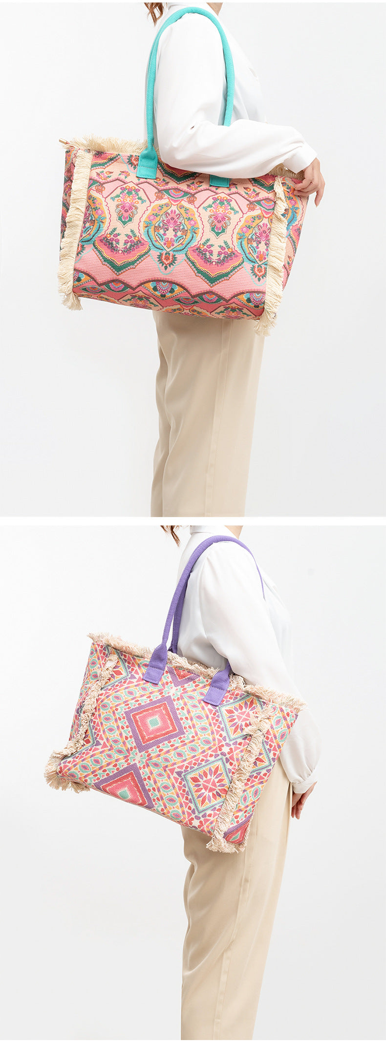 European and American Cross-Border Tote Bag Bohemian Retro Shoulder Bag Zipper Handbag Large Capacity Canvas Bag Women Summer