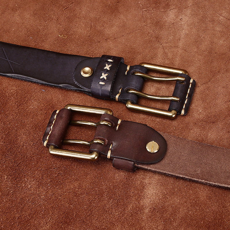 Retro Korean Style Trendyy Stylish Ins Double Pin Buckle Belt Men's Genuine Leather New Young People's Jeans Belt