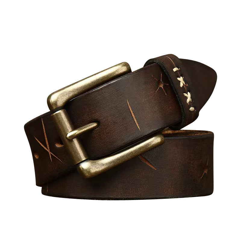 Washed Retro Old Trendyy Stylish Pull-Out First-Layer Cowhide Belt Men's Genuine Leather Pin Buckle Jeans Belt Men's Style