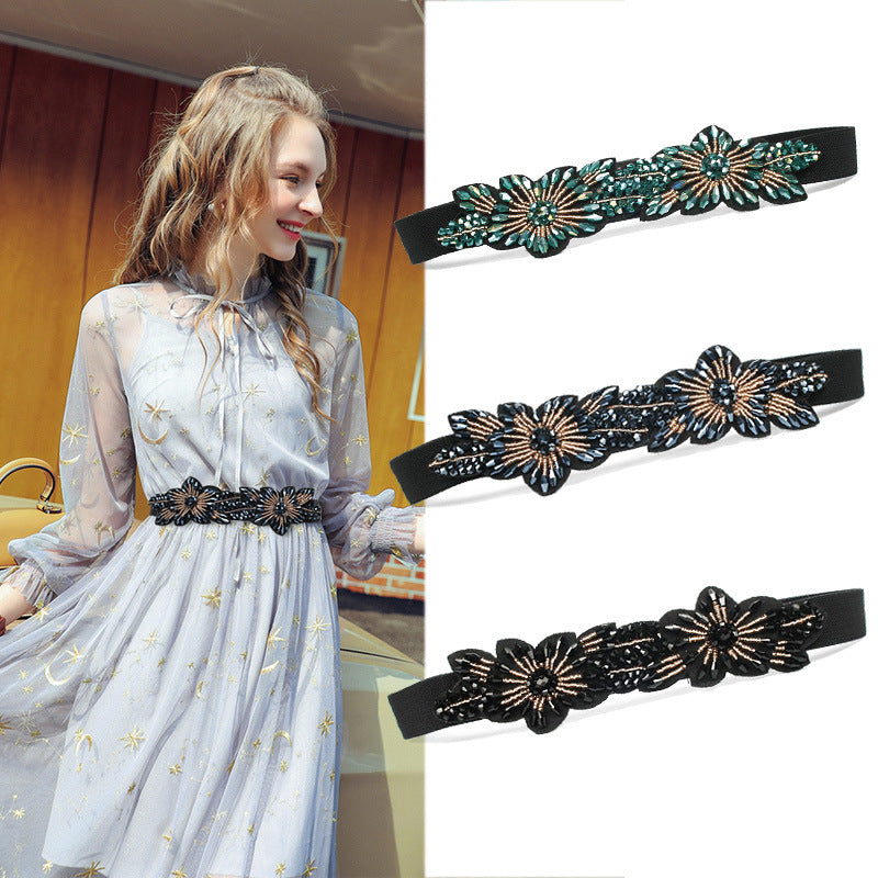 Women's Fashionable Flower Rhinestone Inlaid Wide Girdle Decorative Belt Women's Versatile Skirt Belt Accessories Elastic Waist