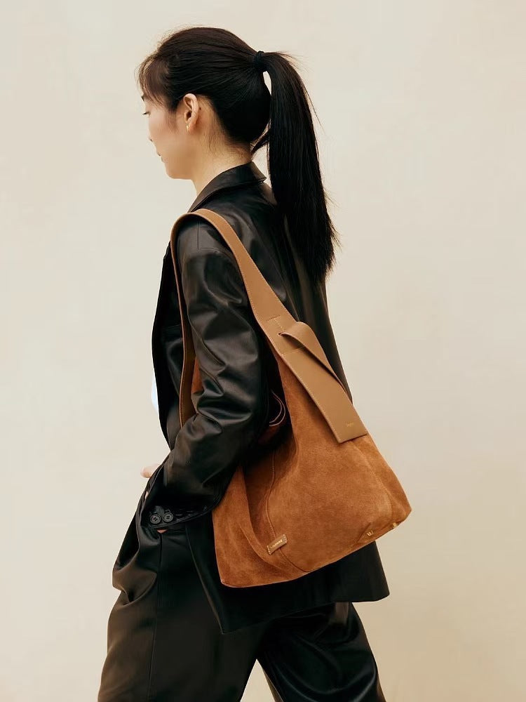 In-Stock Songshanxia Suede Ear-Hanging Tote Bag, Large Capacity Bucket Bag, Versatile for Commuting, Single Shoulder Crossbody Bag for Women