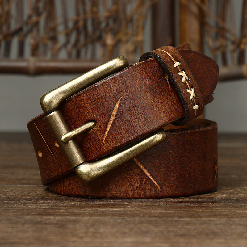 Washed Retro Old Trendyy Stylish Pull-Out First-Layer Cowhide Belt Men's Genuine Leather Pin Buckle Jeans Belt Men's Style