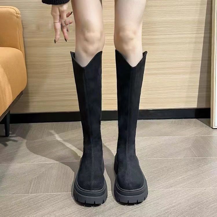 Women's Long Boots with Wide Shaft, Slim Boots, Autumn and Winter New British Style Thick-Soled Heightening Elastic Boots
