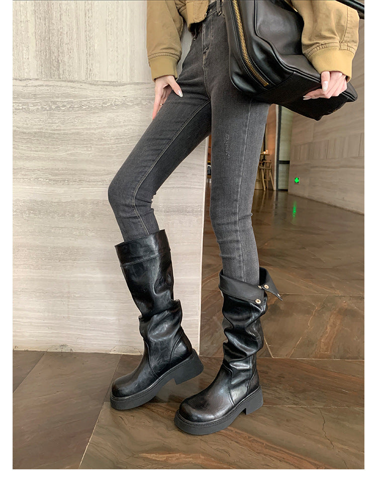 Grape Mom's Same Style in Stock~ Increase Height by 5cm~ Three-Dimensional Round Toe Thick-Soled Chunky Heel Snap-Button Riding Boots for Women