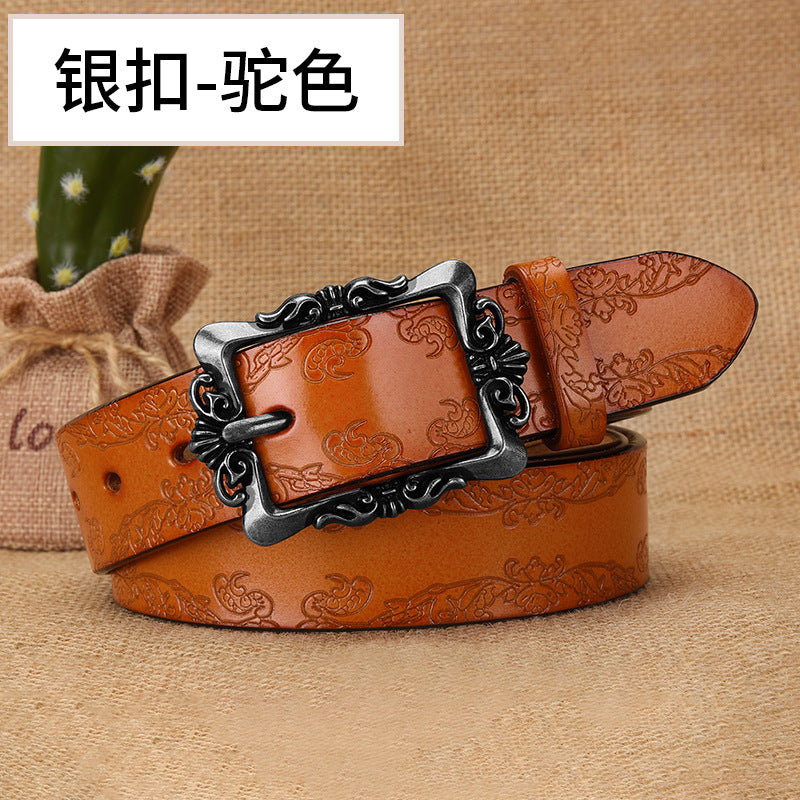 Cross-border European and American Women's Retro Belt Embossed Pattern Pin Buckle Belt Women's Ins Style All-match Simple Casual Pants Belt
