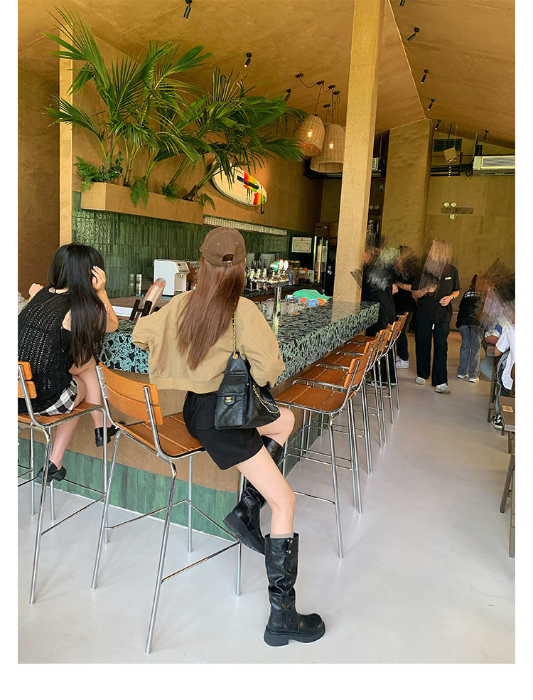 Grape Mom's Same Style in Stock~ Increase Height by 5cm~ Three-Dimensional Round Toe Thick-Soled Chunky Heel Snap-Button Riding Boots for Women