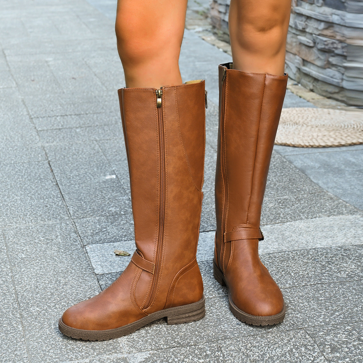Cross-Border Women's Leather Boots 2025 Spring and Autumn New Style Zipper Low-Heeled Long Boots European and American Style Knight Boots High Boots for Women