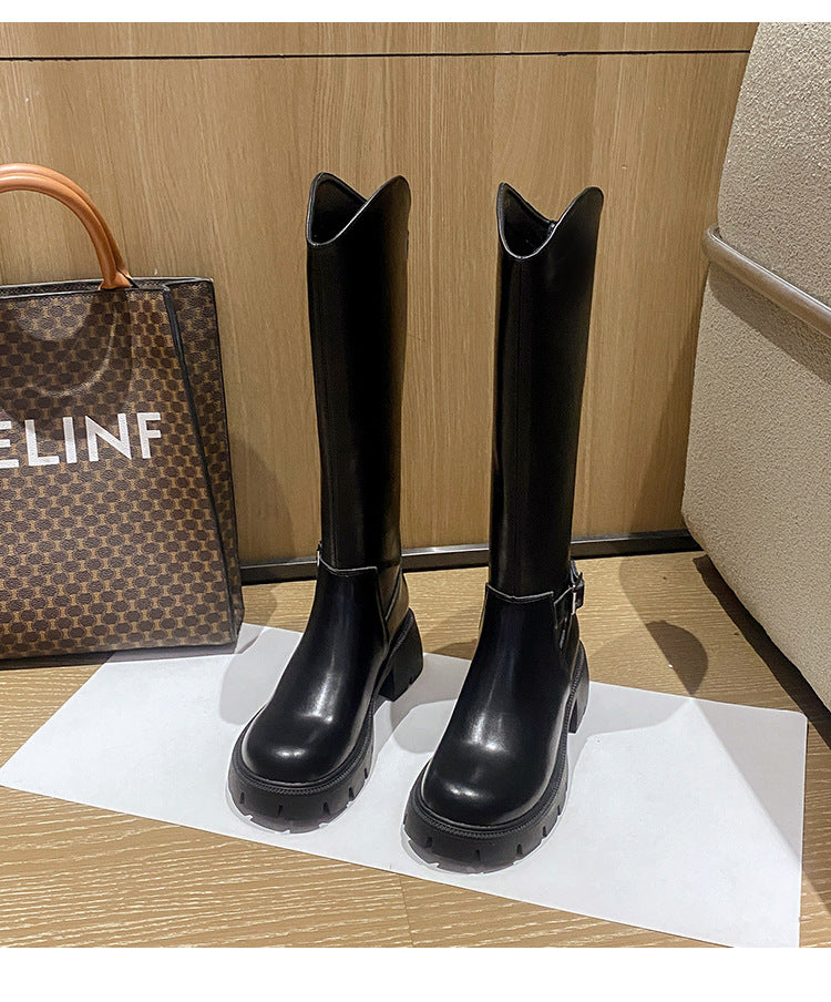 Women's Long Boots 2026 Autumn and Winter New Style Versatile Thick-Soled Chunky Heel Over-The-Knee Belt Buckle Height-Increasing Long Boots