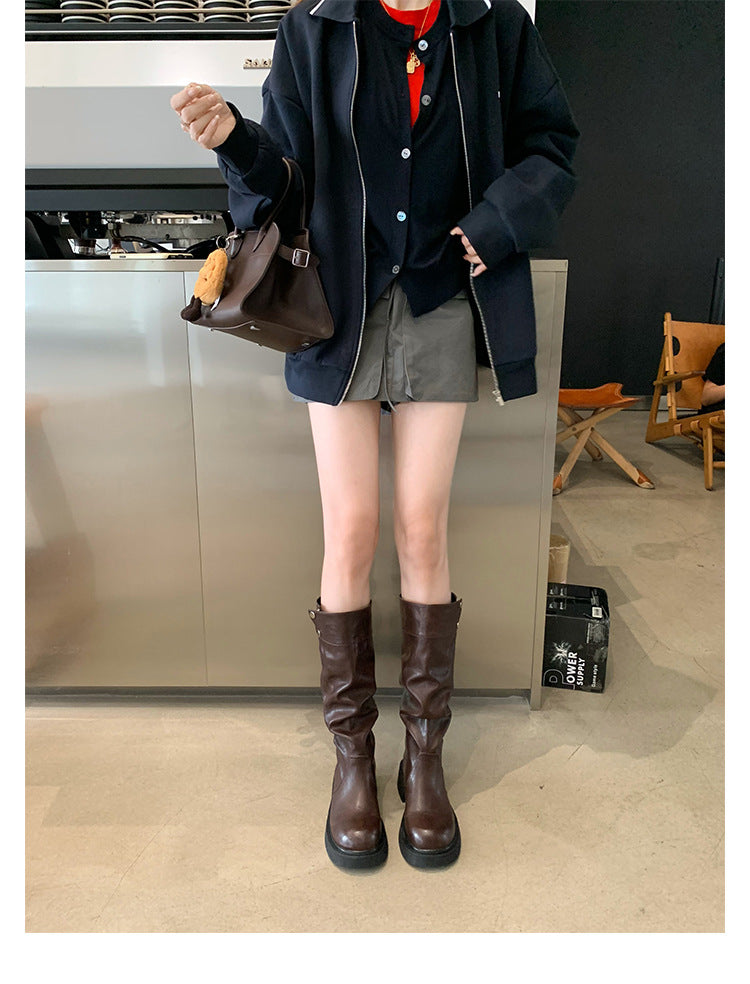 Grape Mom's Same Style in Stock~ Increase Height by 5cm~ Three-Dimensional Round Toe Thick-Soled Chunky Heel Snap-Button Riding Boots for Women