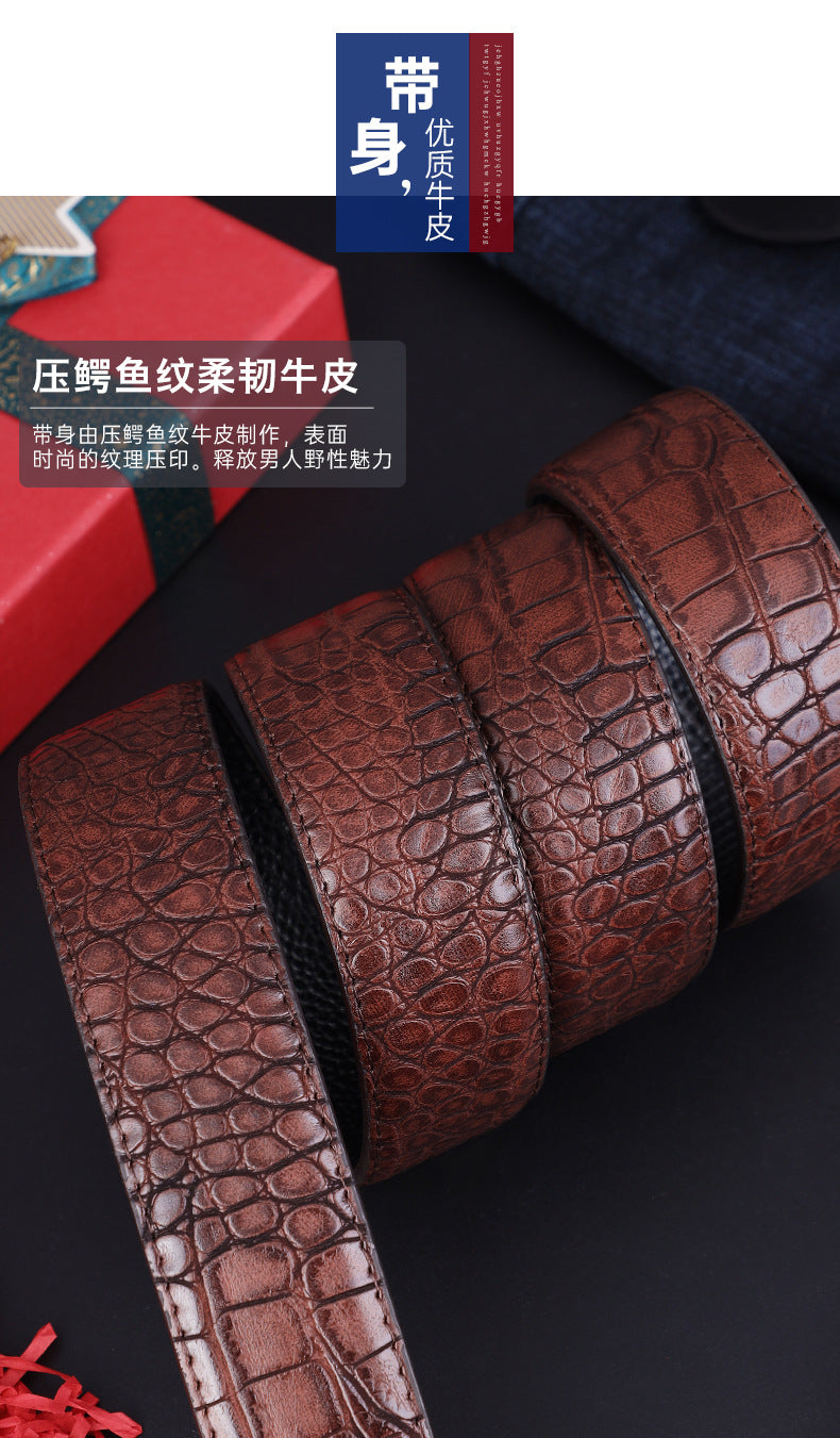 Men's Belt Genuine Leather Crocodile Pattern Inner Wear Automatic Buckle Fashionable All-match Belt Middle-aged and Young Casual Business Trendy Belt