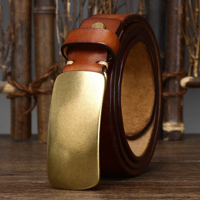 3.3CM Wide Thickened Top Layer Cowhide Belt Men's Genuine Leather Smooth Copper Buckle Belt Korean Style Plate Buckle Retro All-match Trendy