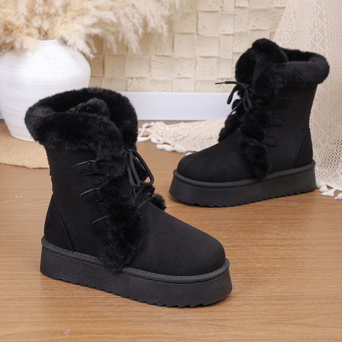 Women's Snow Boots 2025 Winter New Style Furry Women's Boots Thickeneded Snow Cotton Thick Sole Fleece-Lined Mid-Calf Large Size Cotton Boots