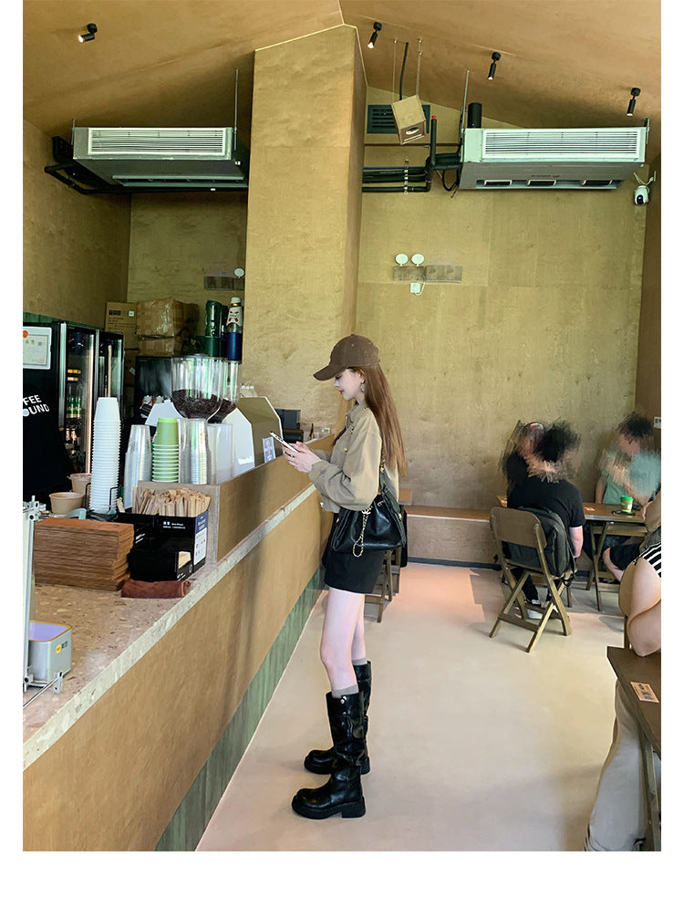 Grape Mom's Same Style in Stock~ Increase Height by 5cm~ Three-Dimensional Round Toe Thick-Soled Chunky Heel Snap-Button Riding Boots for Women