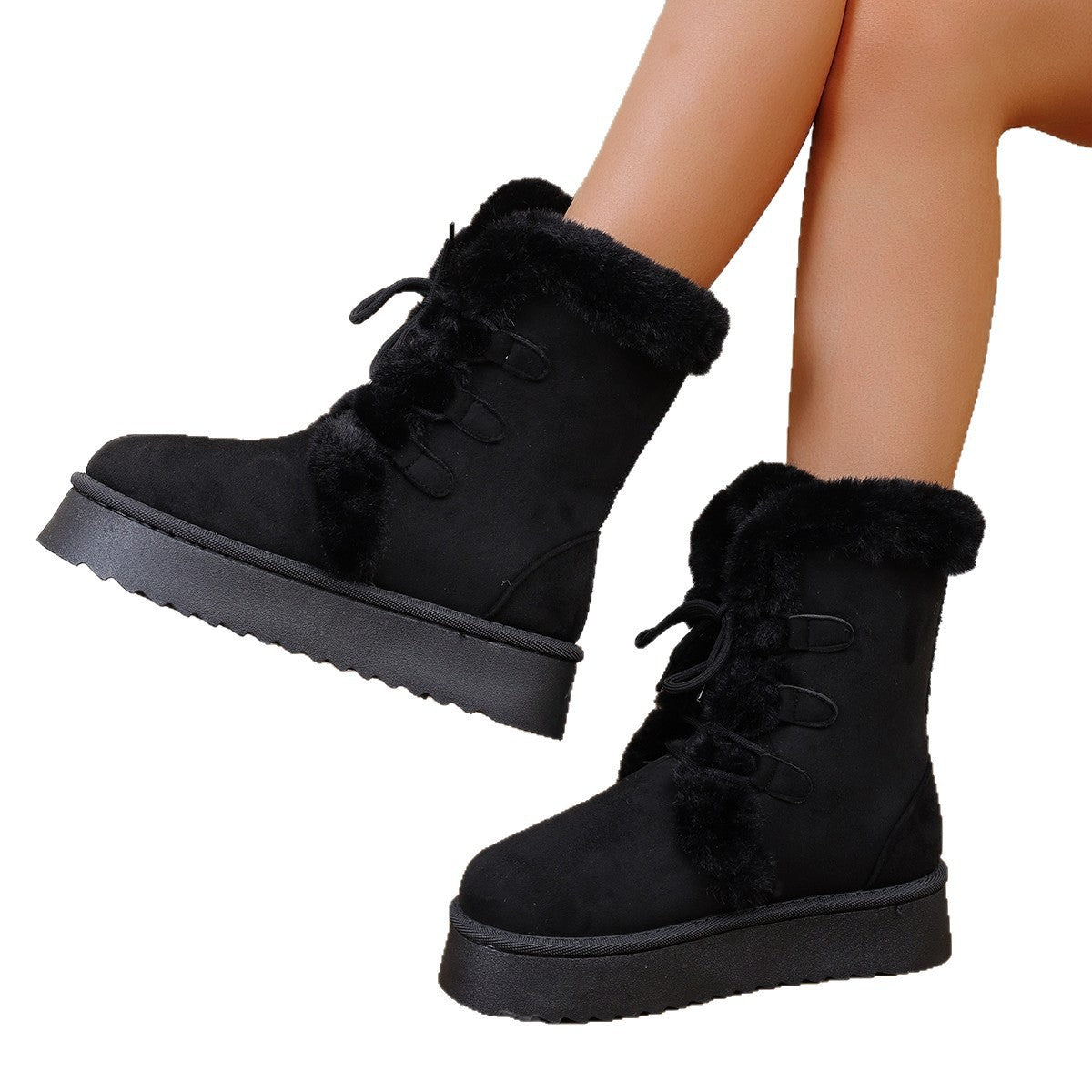 Women's Snow Boots 2025 Winter New Style Furry Women's Boots Thickeneded Snow Cotton Thick Sole Fleece-Lined Mid-Calf Large Size Cotton Boots