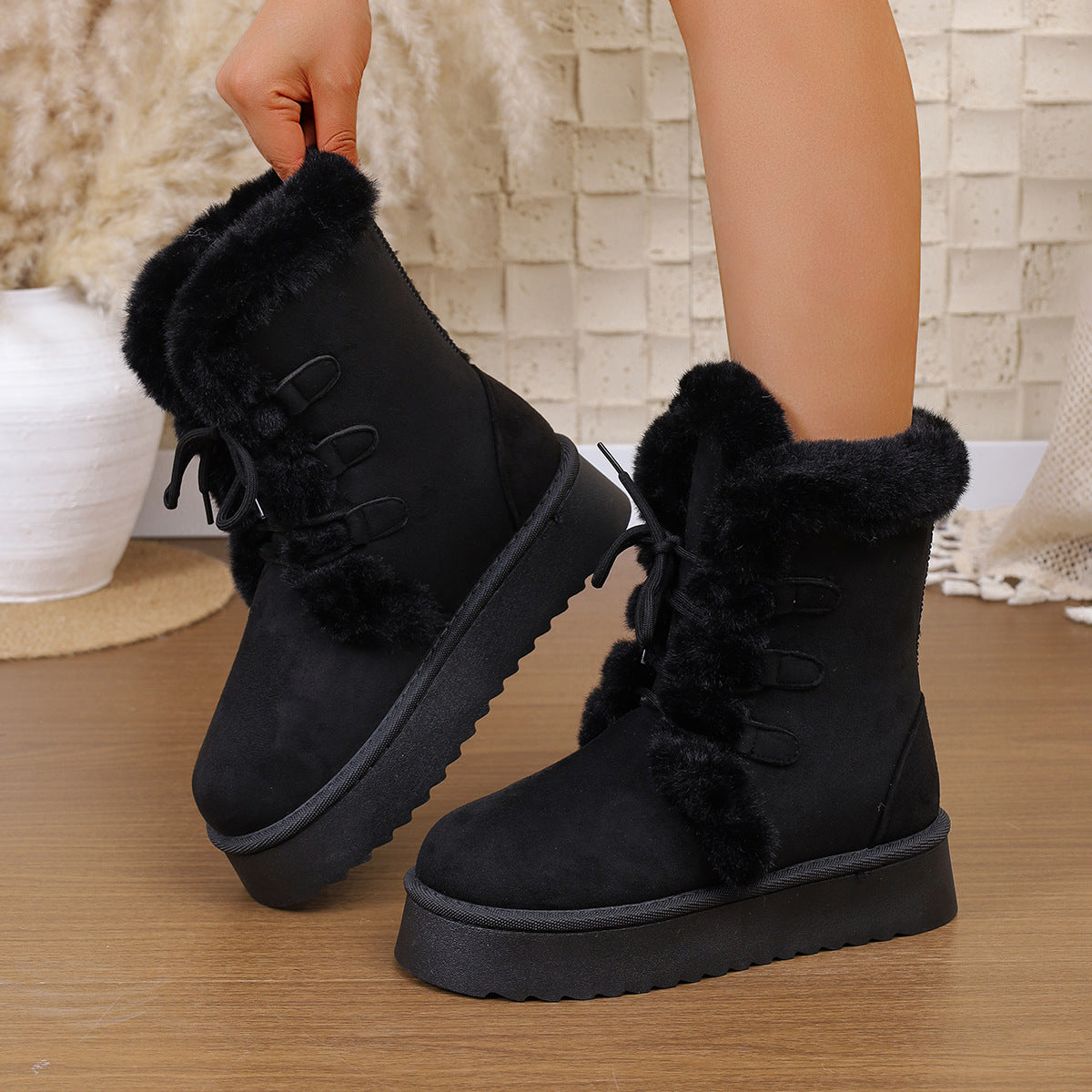 Women's Snow Boots 2025 Winter New Style Furry Women's Boots Thickeneded Snow Cotton Thick Sole Fleece-Lined Mid-Calf Large Size Cotton Boots