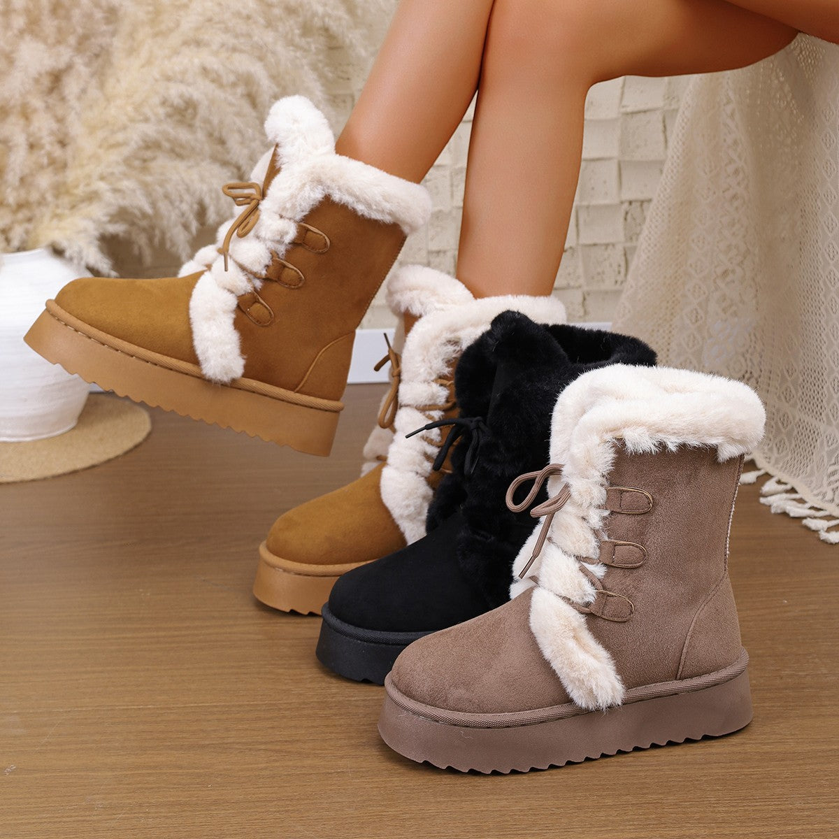 Women's Snow Boots 2025 Winter New Style Furry Women's Boots Thickeneded Snow Cotton Thick Sole Fleece-Lined Mid-Calf Large Size Cotton Boots