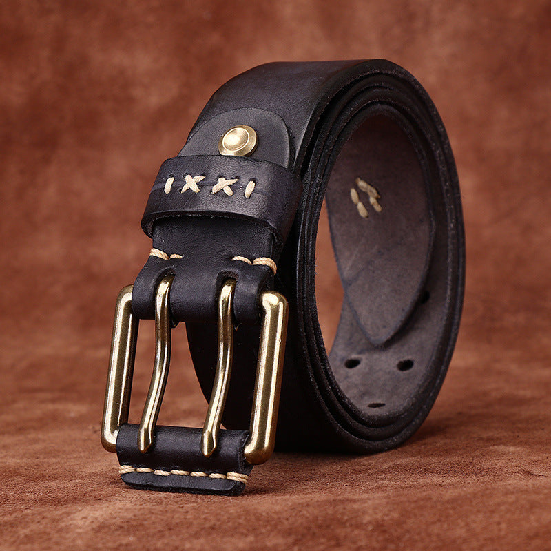 Retro Korean Style Trendyy Stylish Ins Double Pin Buckle Belt Men's Genuine Leather New Young People's Jeans Belt
