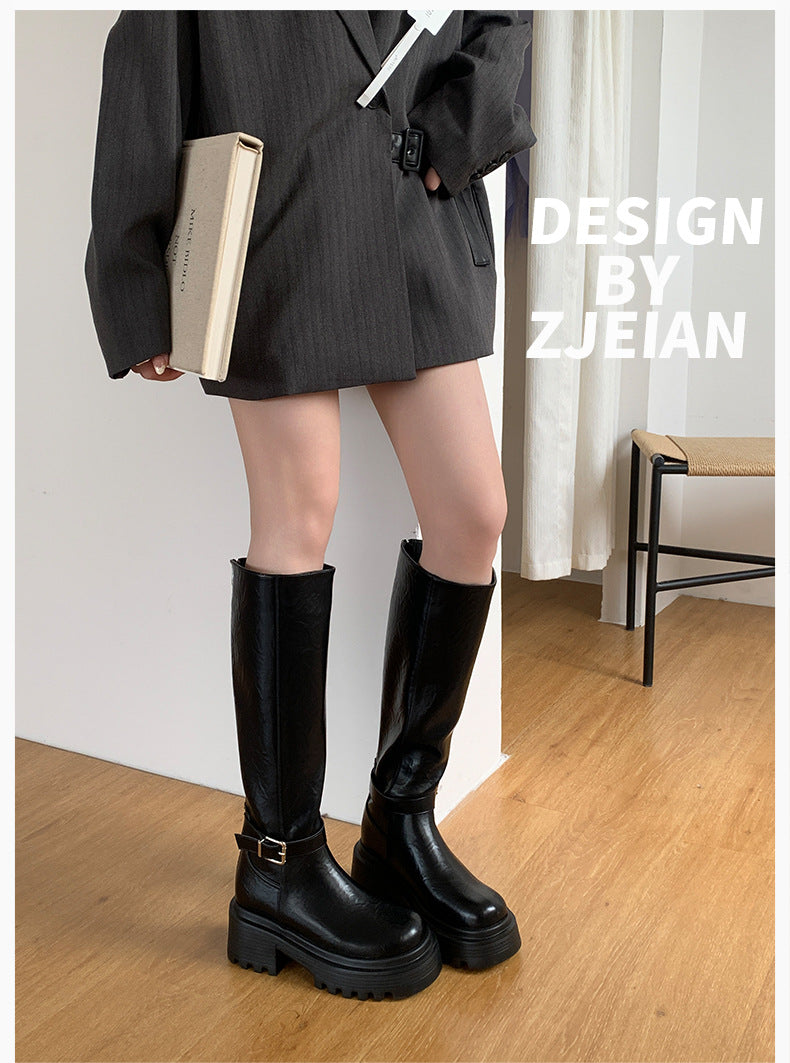 Maillard Thick-Soled Long Boots for Women 2025 Autumn and Winter New Style Small Inner Heightening Over-The-Knee Knight Boots