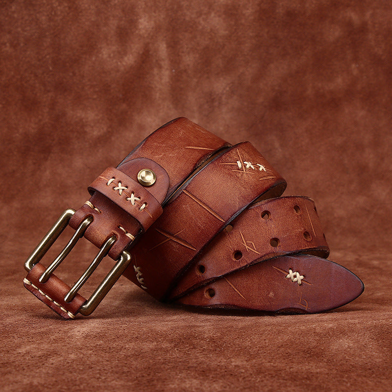 Retro Korean Style Trendyy Stylish Ins Double Pin Buckle Belt Men's Genuine Leather New Young People's Jeans Belt