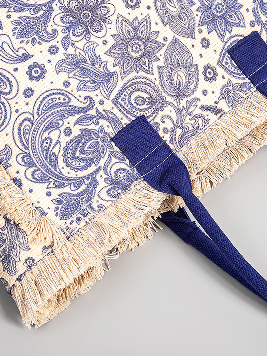 European and American Cross-Border Tote Bag Bohemian Retro Shoulder Bag Zipper Handbag Large Capacity Canvas Bag Women Summer