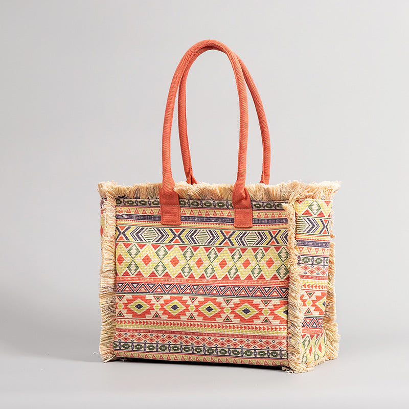 European and American Cross-Border Tote Bag Bohemian Retro Shoulder Bag Zipper Handbag Large Capacity Canvas Bag Women Summer