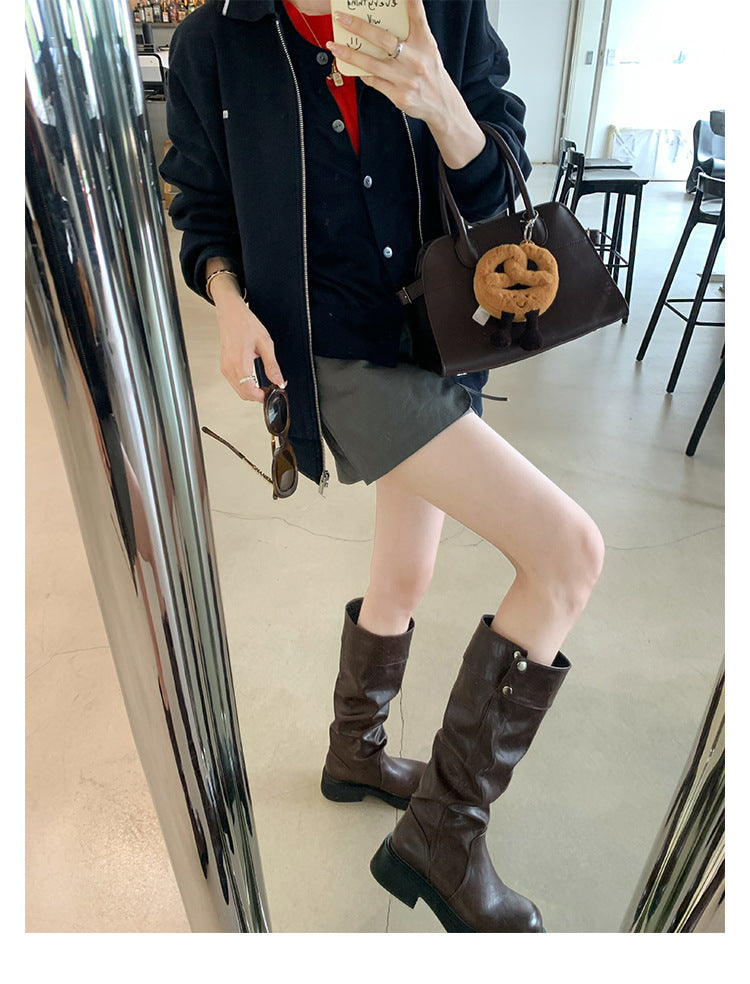 Grape Mom's Same Style in Stock~ Increase Height by 5cm~ Three-Dimensional Round Toe Thick-Soled Chunky Heel Snap-Button Riding Boots for Women