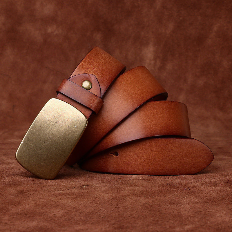3.3CM Wide Thickened Top Layer Cowhide Belt Men's Genuine Leather Smooth Copper Buckle Belt Korean Style Plate Buckle Retro All-match Trendy