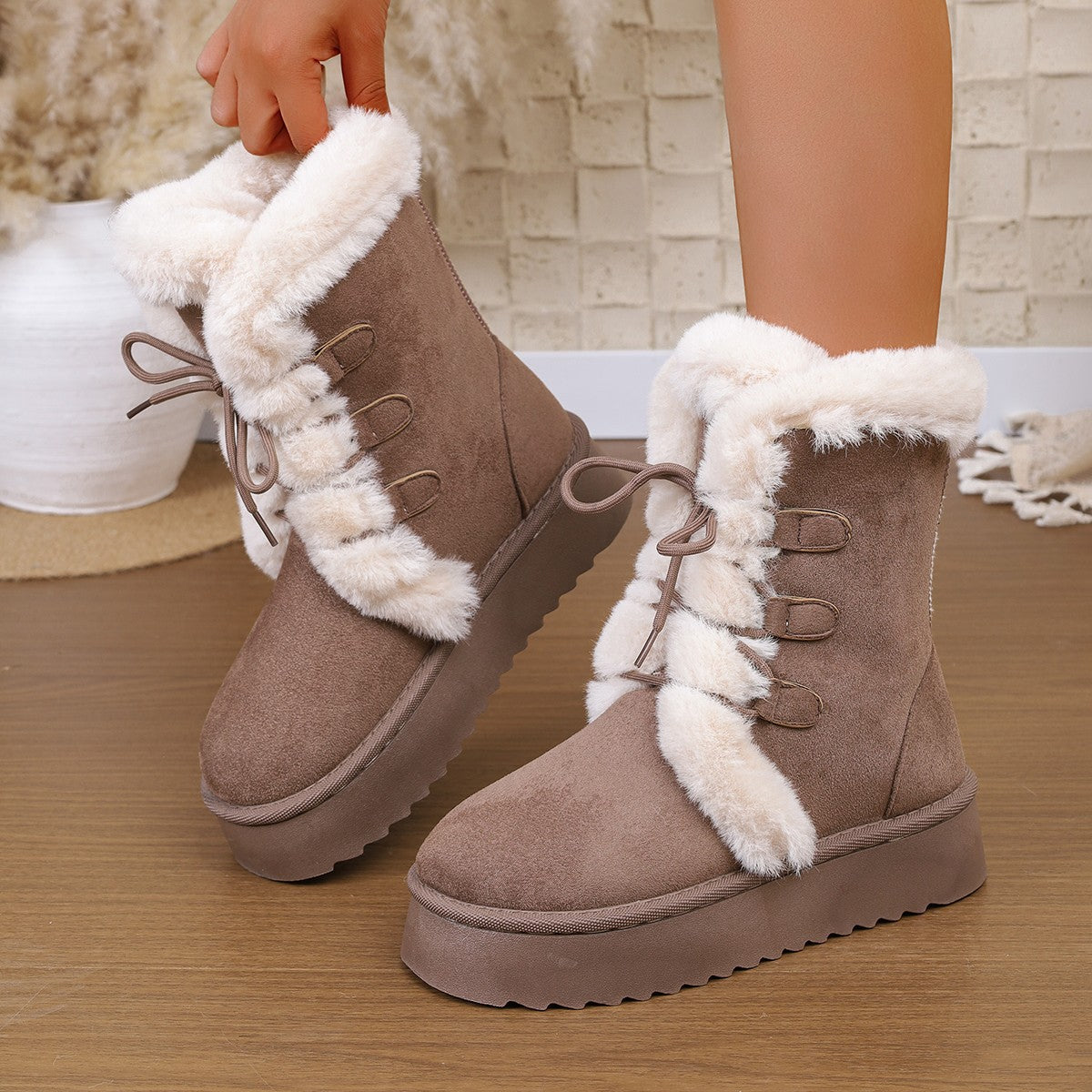 Women's Snow Boots 2025 Winter New Style Furry Women's Boots Thickeneded Snow Cotton Thick Sole Fleece-Lined Mid-Calf Large Size Cotton Boots