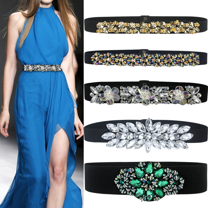 Women's Fashionable Flower Rhinestone Inlaid Wide Girdle Decorative Belt Women's Versatile Skirt Belt Accessories Elastic Waist