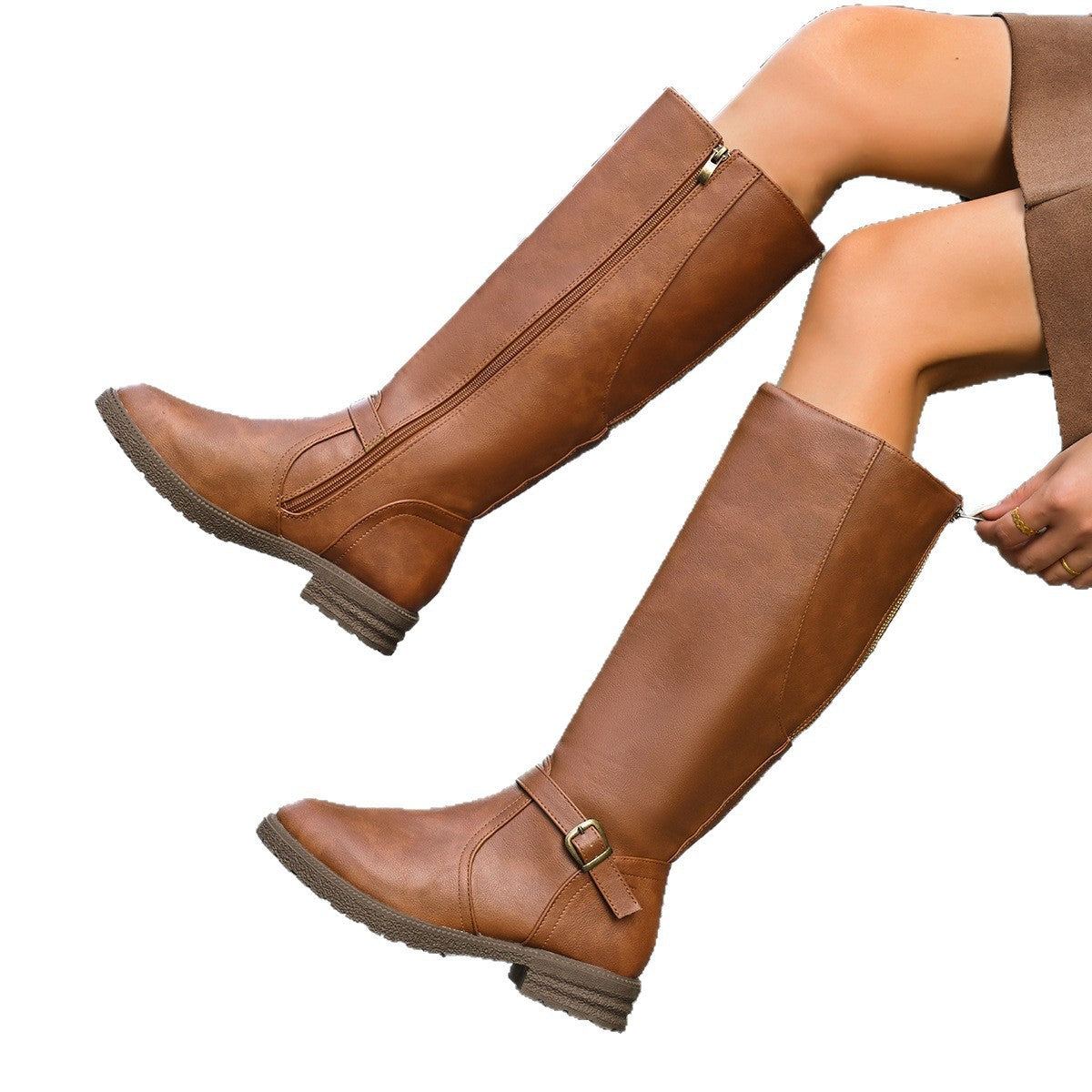 Cross-Border Women's Leather Boots 2025 Spring and Autumn New Style Zipper Low-Heeled Long Boots European and American Style Knight Boots High Boots for Women