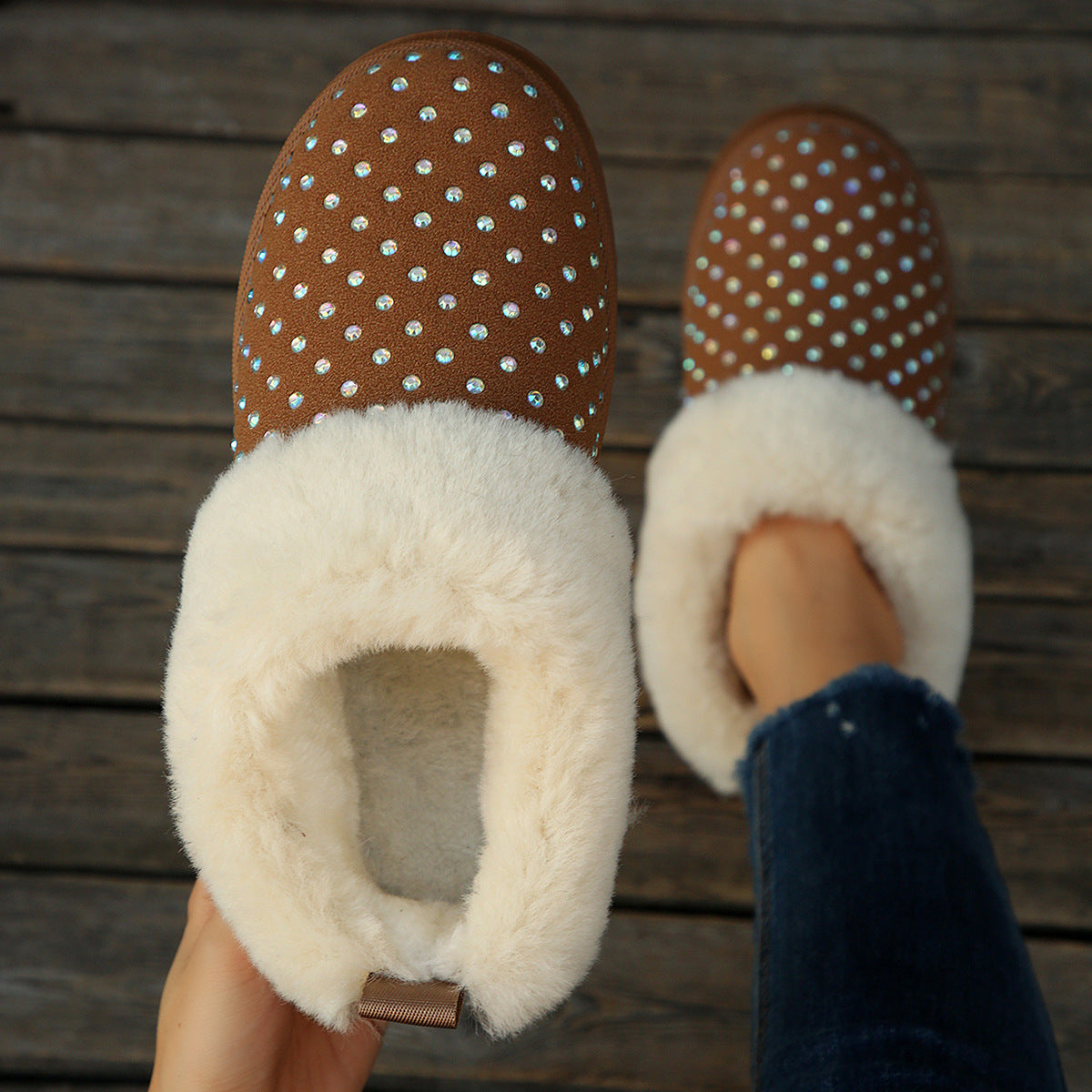 Wholesale of New Autumn Large-Size Foreign Trade Independent Station Rhinestone-Decorated Suede Fleece-Lined Thickened Warm Thick-Soled Snow Boots