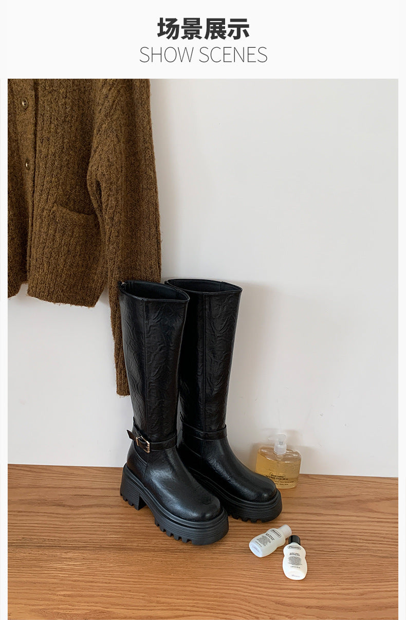 Maillard Thick-Soled Long Boots for Women 2025 Autumn and Winter New Style Small Inner Heightening Over-The-Knee Knight Boots